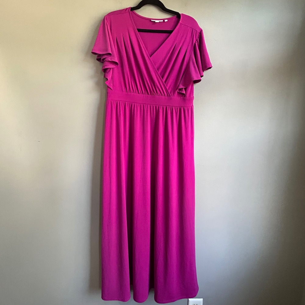 Chico's Women Magenta Pink Faux Wrap Flutter Sleeve Maxi Dress Size 1P MP